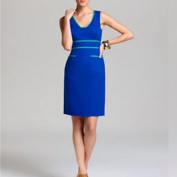 Anne Klein Dresses & Skirts - Anne Klein Sheath Knee Length Sleeveless Blue Green Piping Pockets Cotton Size 6
